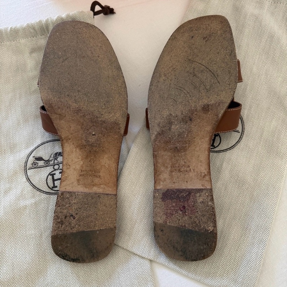Hermes Brown Leather Oran Slide Sandals - Picture 3 of 6
